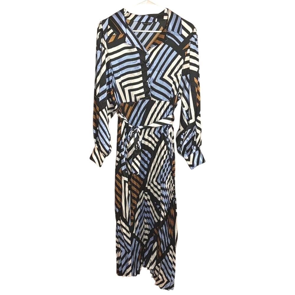 Splash Blue Geometric Pleated Wrap Maxi Dress Long Sleeve UK 14 US 10